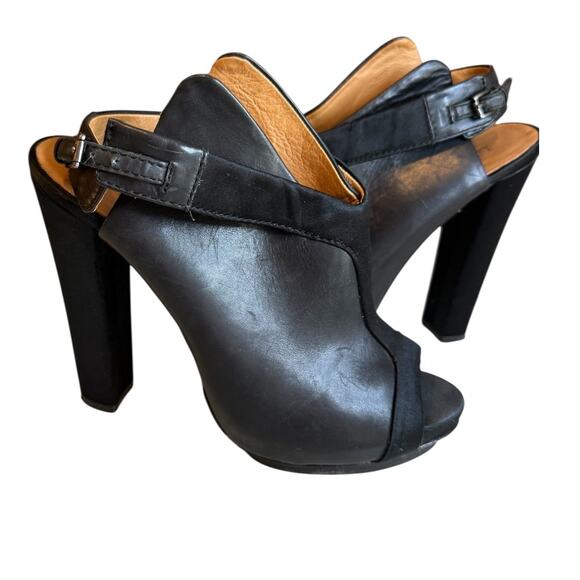 L.A.M.B. Gwen Stefani Leather & Satin Trim Platform Open Toe Booties Black - Picture 2 of 10